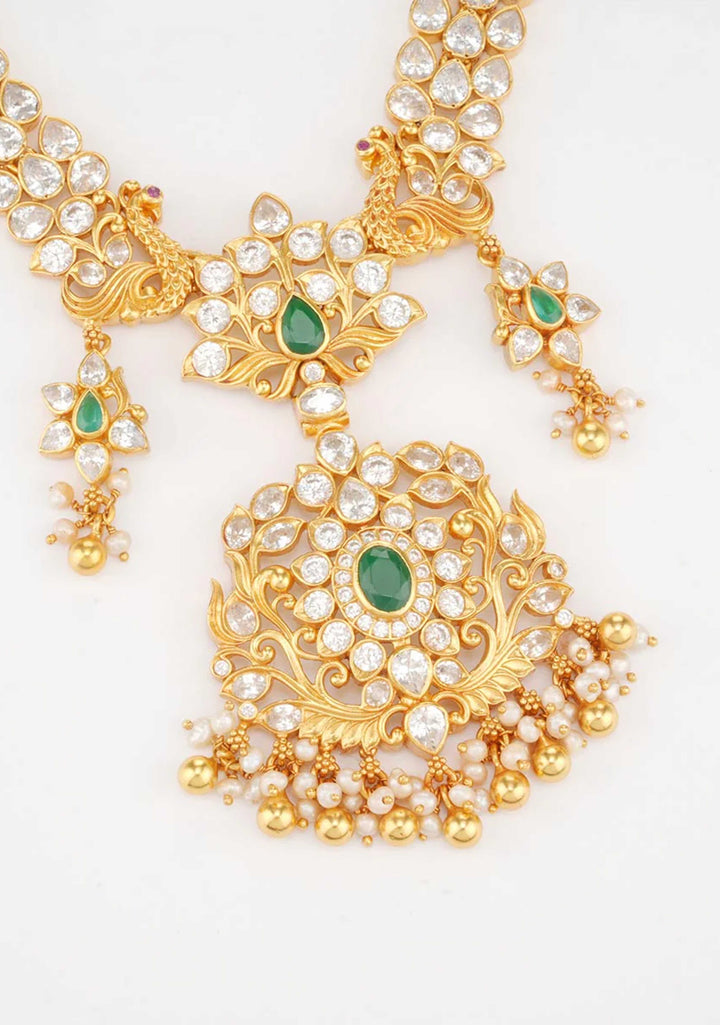 92.5  Silver 24 Ct Gold Plated 2 Strand Green and White Necklace