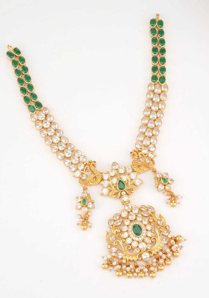 92.5  Silver 24 Ct Gold Plated 2 Strand Green and White Necklace