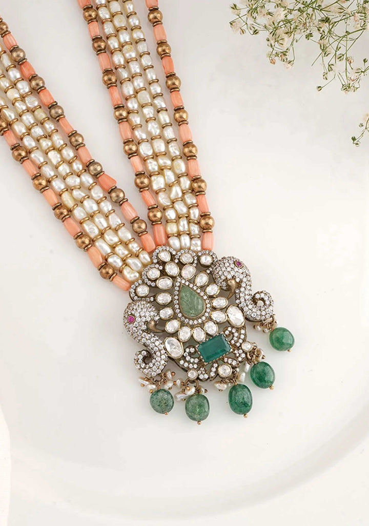 92.5 Silver Multilayer Pearl and Coral long Victorian Finish Necklace