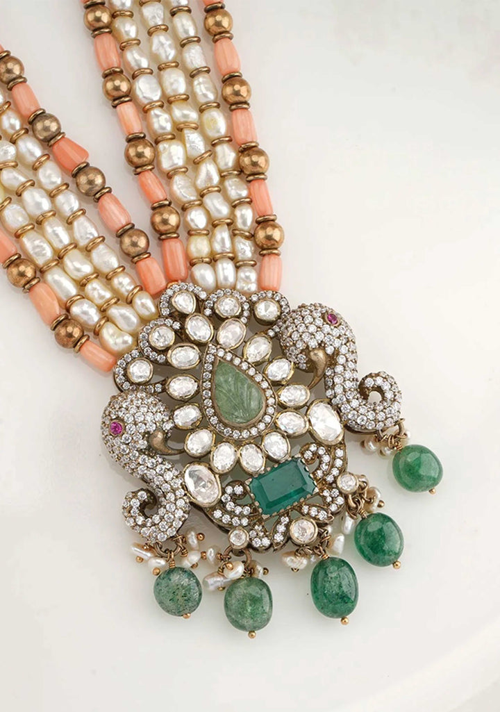 92.5 Silver Multilayer Pearl and Coral long Victorian Finish Necklace