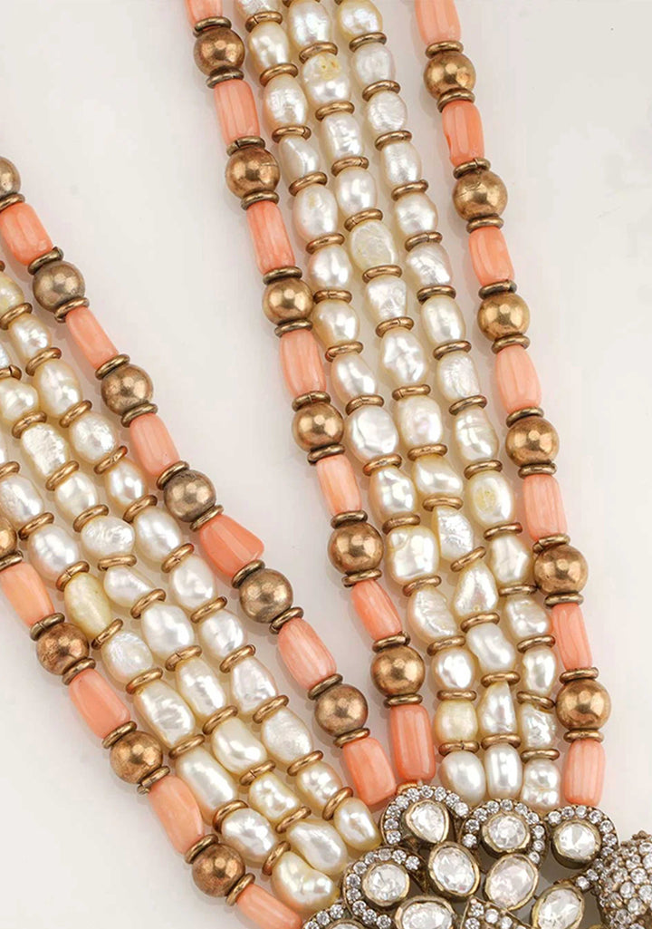 92.5 Silver Multilayer Pearl and Coral long Victorian Finish Necklace