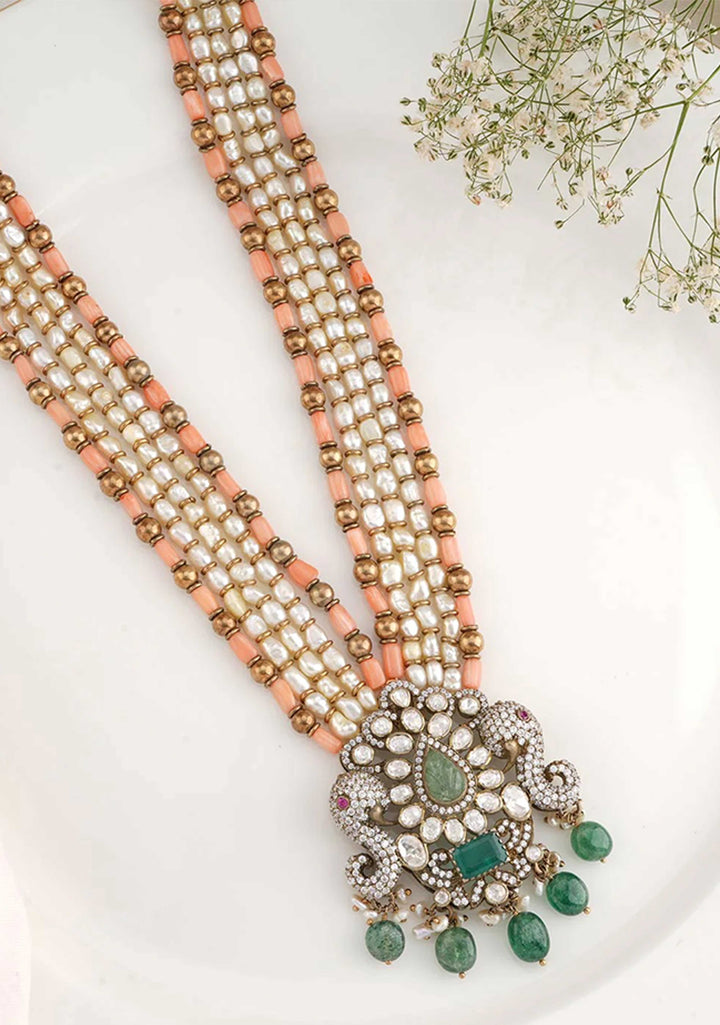 92.5 Silver Multilayer Pearl and Coral long Victorian Finish Necklace