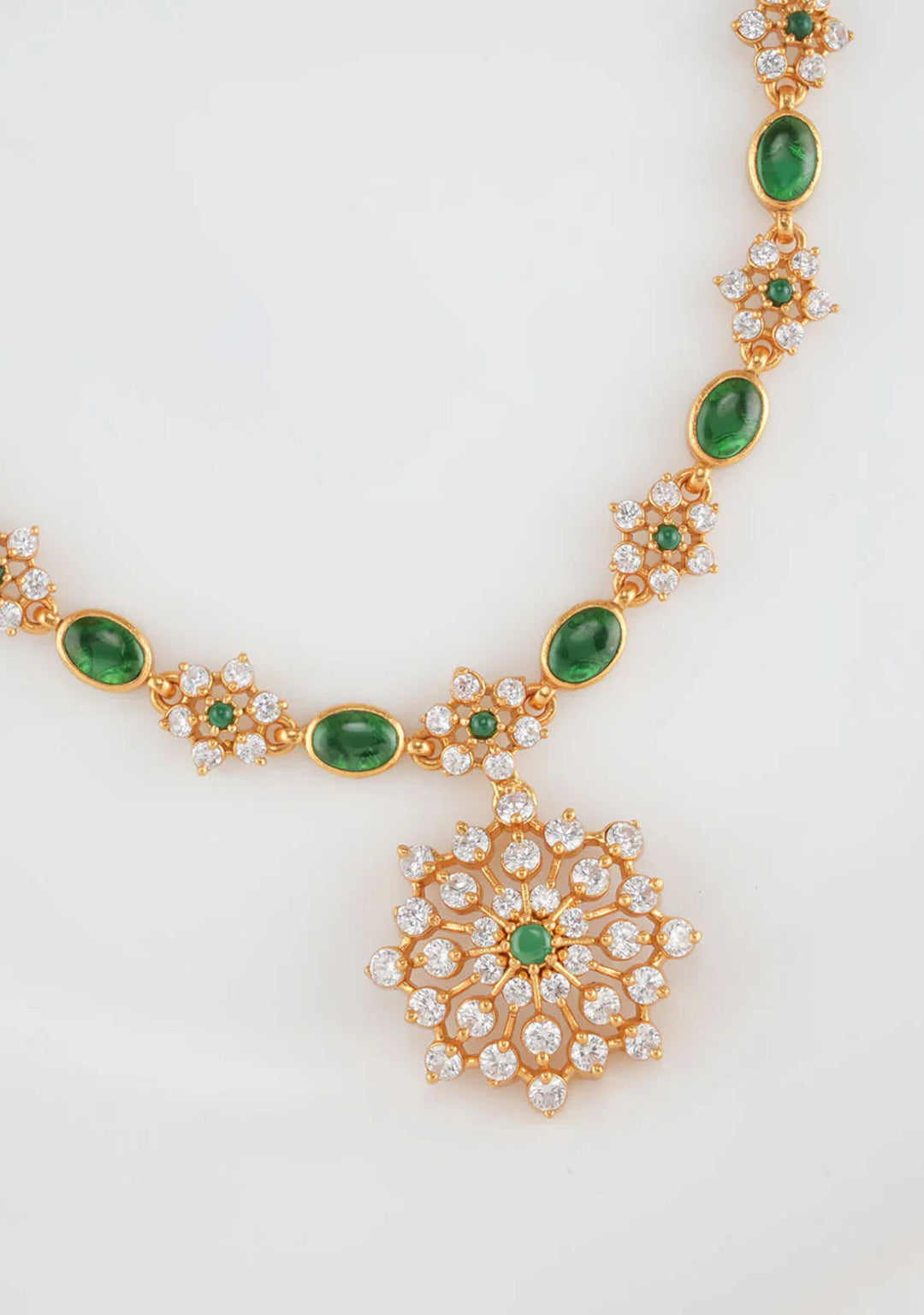 92.5  Silver24 Ct Gold Plated Green and White Stone Necklace with central pendant