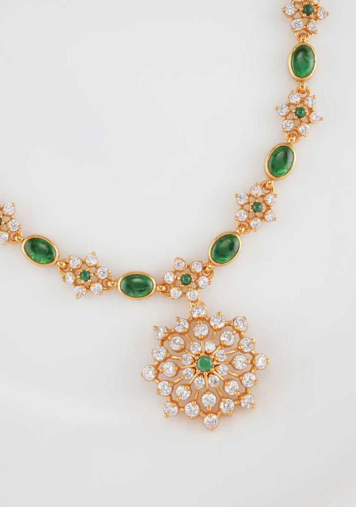 92.5  Silver24 Ct Gold Plated Green and White Stone Necklace with central pendant