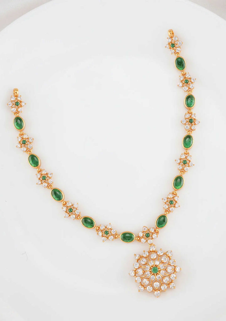 92.5  Silver24 Ct Gold Plated Green and White Stone Necklace with central pendant