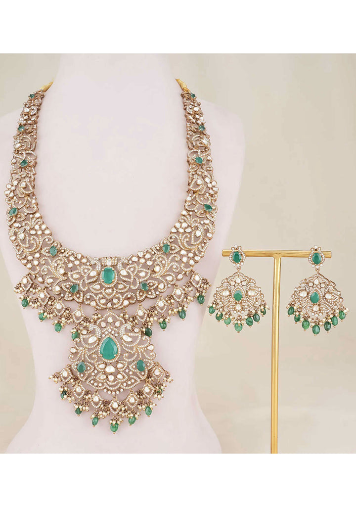 92.5 Silver Opulent White and Green Peacock Design Victorian Necklace Set