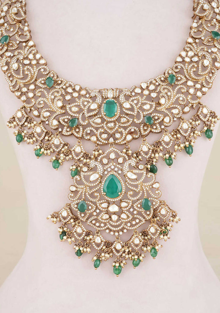 92.5 Silver Opulent White and Green Peacock Design Victorian Necklace Set