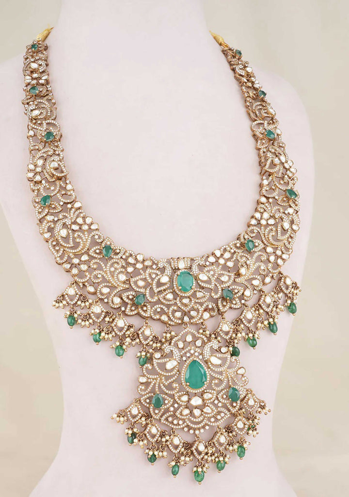 92.5 Silver Opulent White and Green Peacock Design Victorian Necklace Set