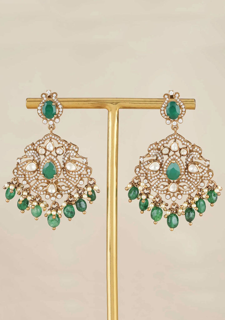 92.5 Silver Opulent White and Green Peacock Design Victorian Necklace Set