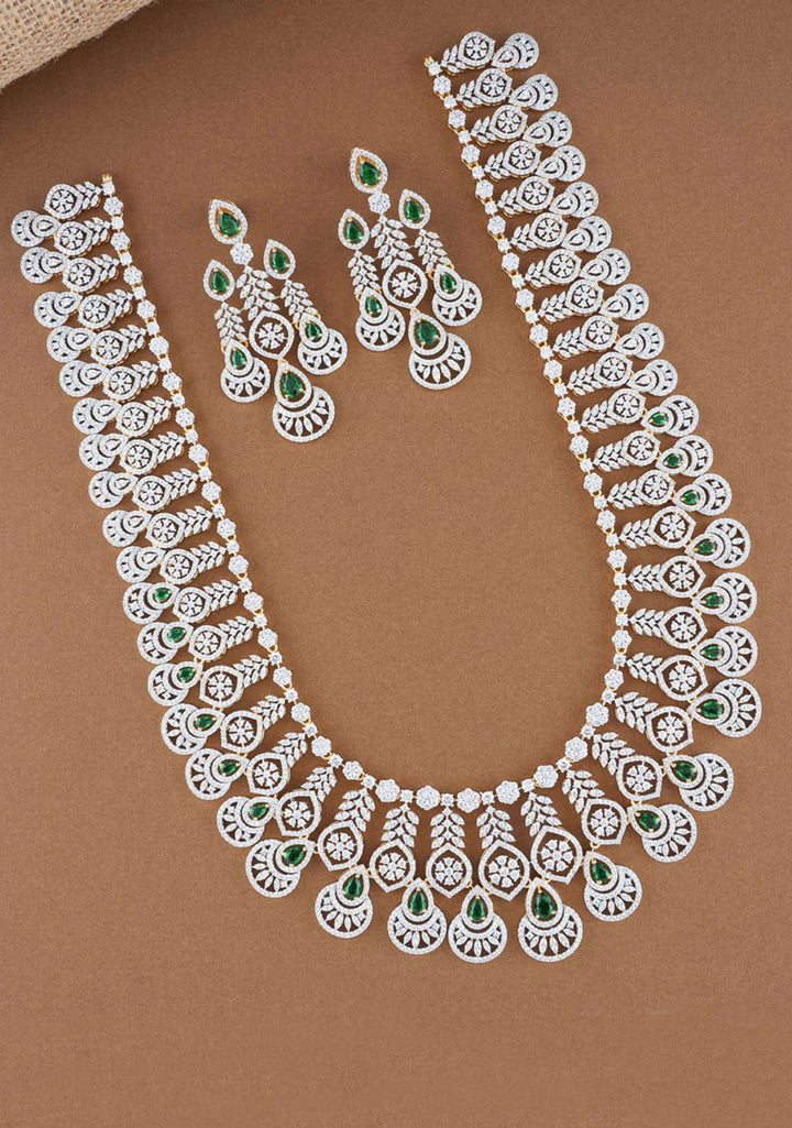 Enchanted Blossoms - 92.5 Silver Cubic Zirconia Studded Medium Length Necklace and Earrings Set