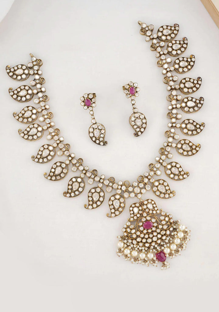 92.5 Silver 24 Kt Gold Plated, White Stone Kundan mango units Antique Finish Necklace Set