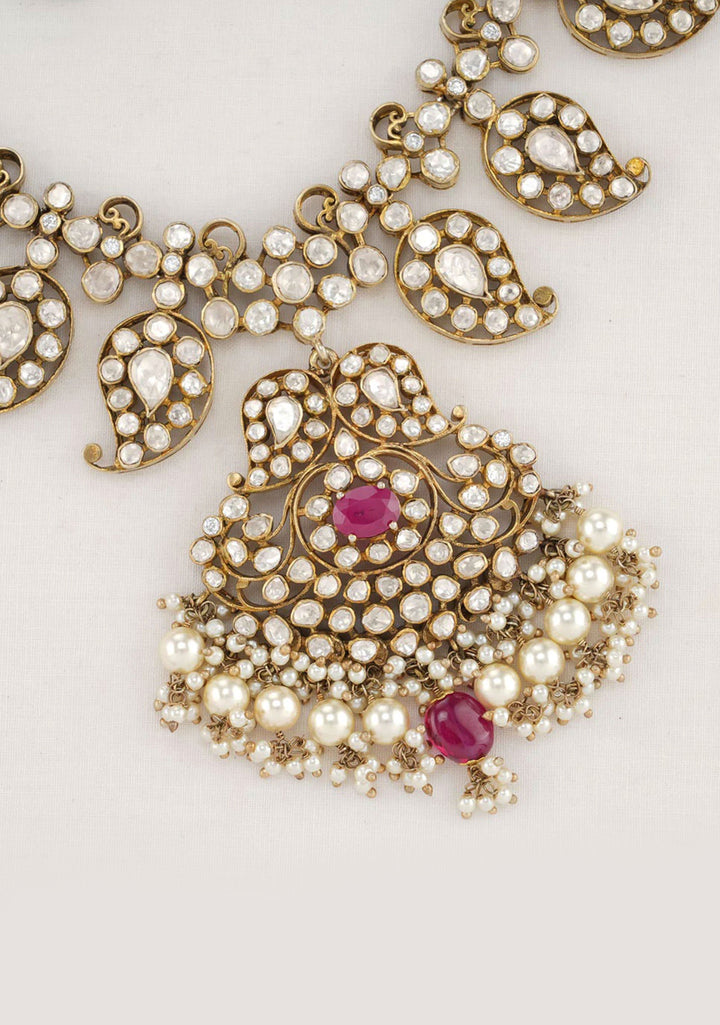 92.5 Silver 24 Kt Gold Plated, White Stone Kundan mango units Antique Finish Necklace Set