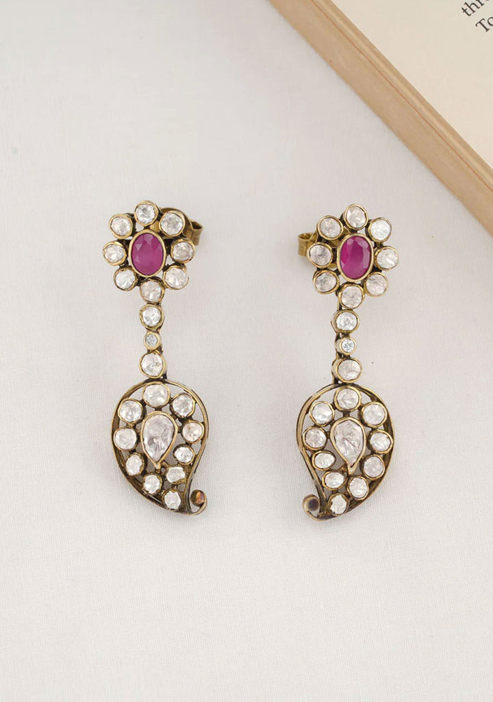 92.5 Silver 24 Kt Gold Plated, White Stone Kundan mango units Antique Finish Necklace Set