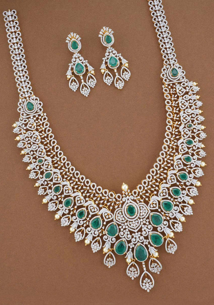 92.5  Silver White and Green Stone Studded Long Necklace and Earrings Set ( Choker not included)