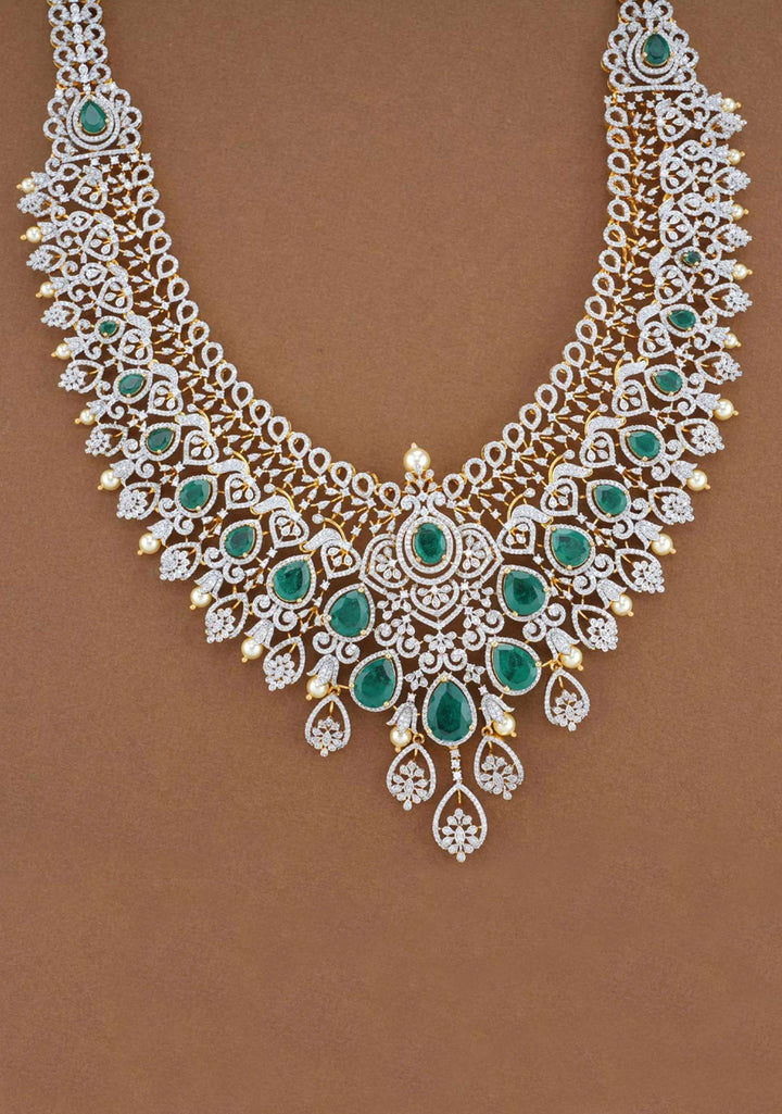92.5  Silver White and Green Stone Studded Long Necklace and Earrings Set ( Choker not included)