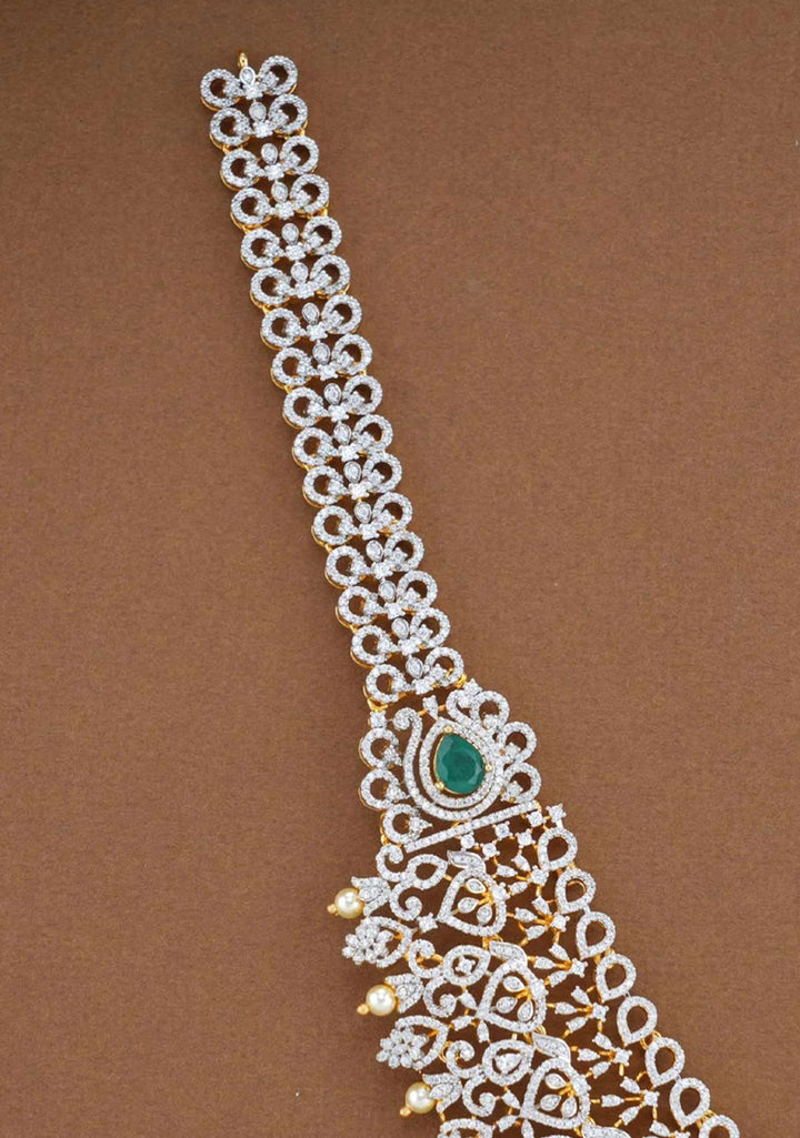 92.5  Silver White and Green Stone Studded Long Necklace and Earrings Set ( Choker not included)