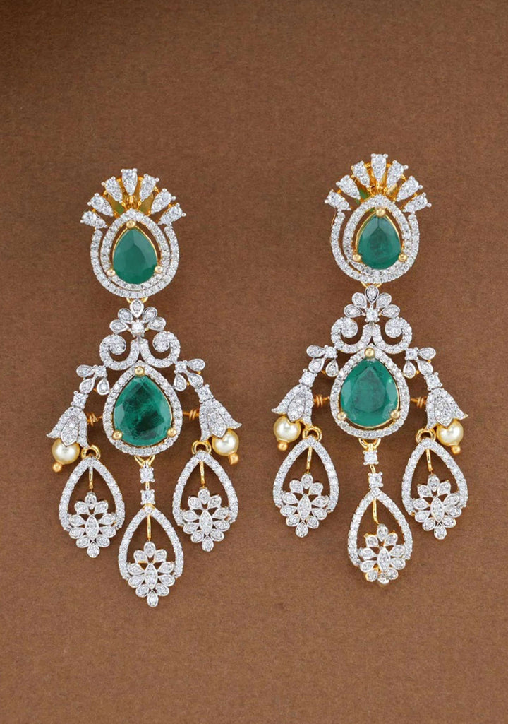 92.5  Silver White and Green Stone Studded Long Necklace and Earrings Set ( Choker not included)