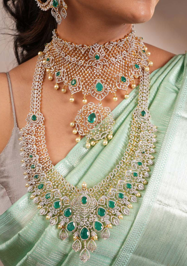 92.5  Silver White and Green Stone Studded Long Necklace and Earrings Set ( Choker not included)