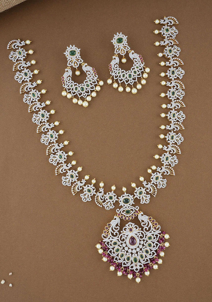 92.5  Silver  Cubic Zirconia Stone Medium Length Necklace with Matching Orante Earrings