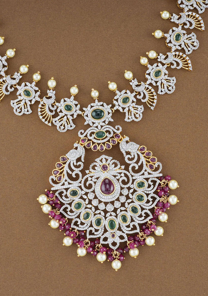 92.5  Silver  Cubic Zirconia Stone Medium Length Necklace with Matching Orante Earrings