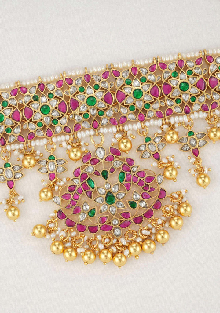 92.5 Silver 24 Kt Gold Plated 7 Flowers Tiered Necklace Set