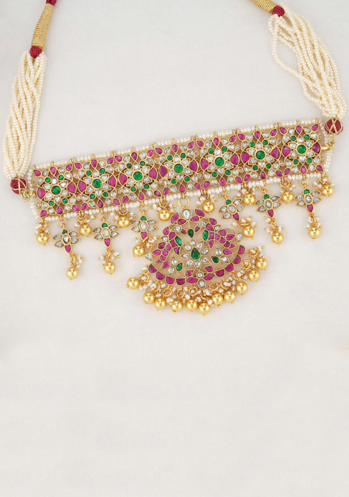 92.5 Silver 24 Kt Gold Plated 7 Flowers Tiered Necklace Set