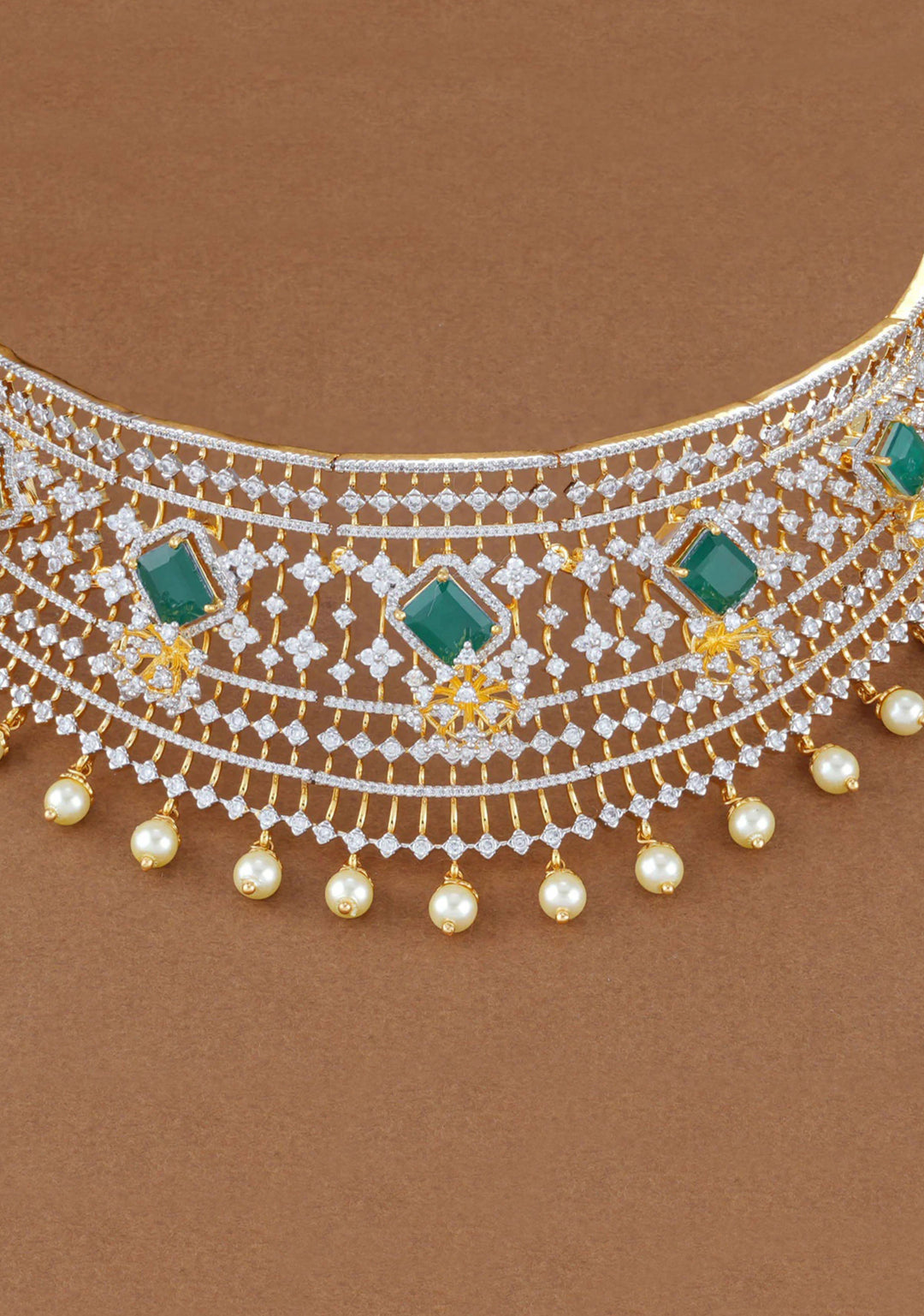 92.5 Silver CZ and Green Stone Studded Prominent Choker and Jhumka Set