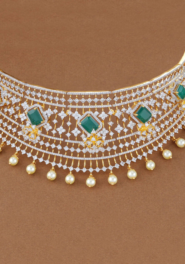 92.5 Silver CZ and Green Stone Studded Prominent Choker and Jhumka Set
