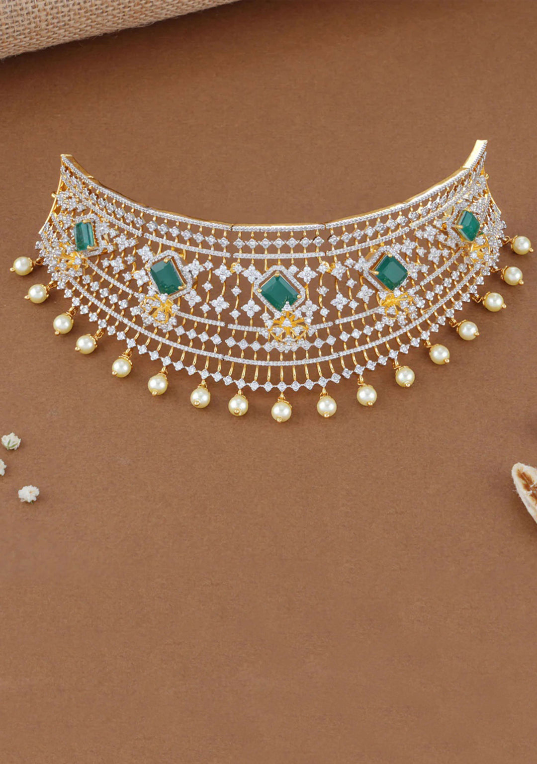 92.5 Silver CZ and Green Stone Studded Prominent Choker and Jhumka Set