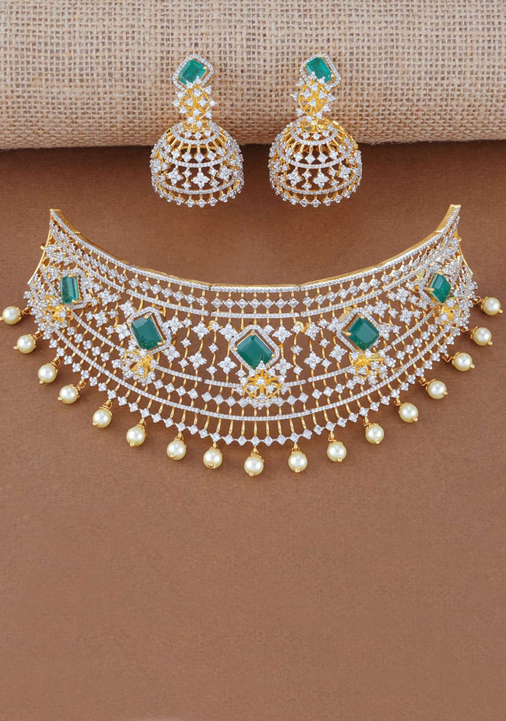 92.5 Silver CZ and Green Stone Studded Prominent Choker and Jhumka Set