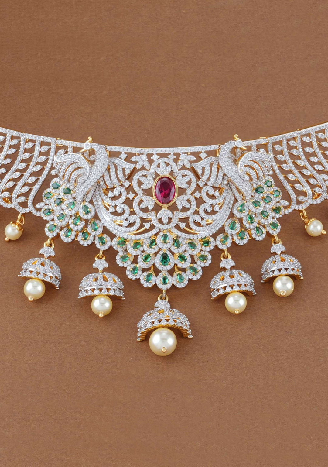 92.5 Silver Dancing Peacocks Diamond Like Design Choker Set