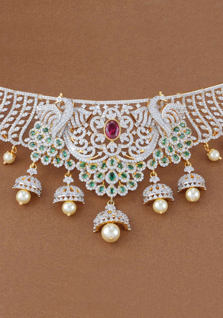 92.5 Silver Dancing Peacocks Diamond Like Design Choker Set