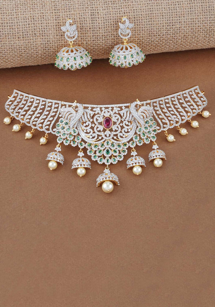 92.5 Silver Dancing Peacocks Diamond Like Design Choker Set