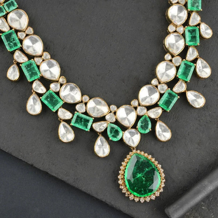 Emerald Look Alike Green and White Stones Victorian Finish Necklace Set