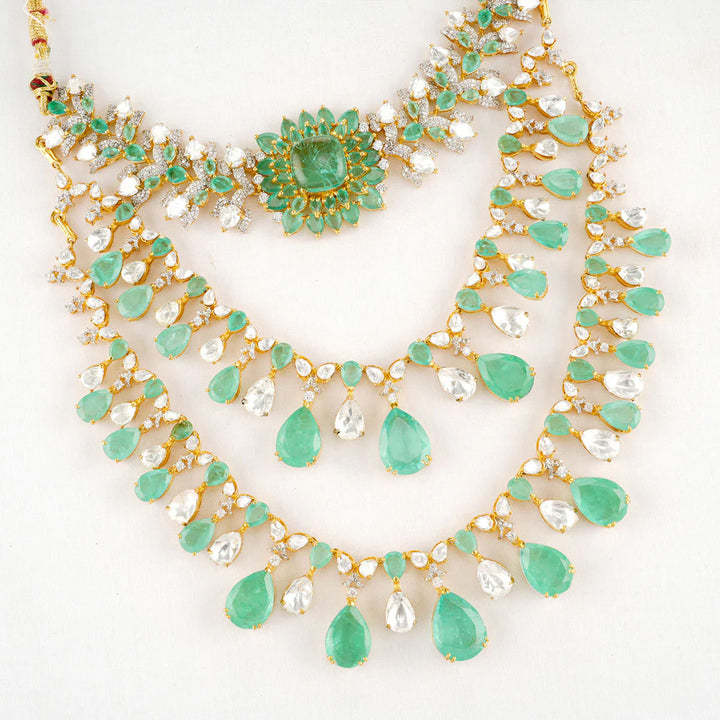 92.5 Silver 24 kt Gold-Plated Mint Green with CZ Layered Necklace Set - Three In One
