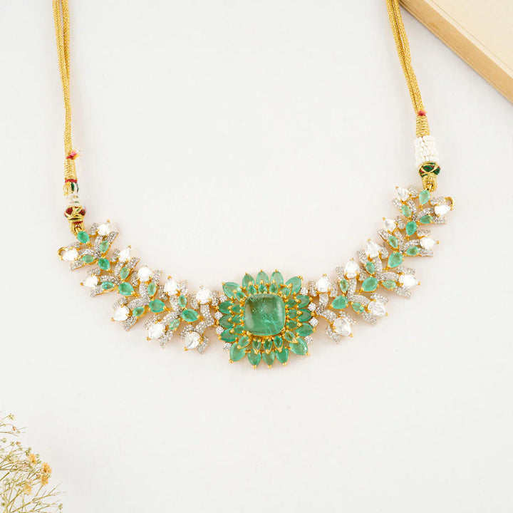 92.5 Silver 24 kt Gold-Plated Mint Green with CZ Layered Necklace Set - Three In One