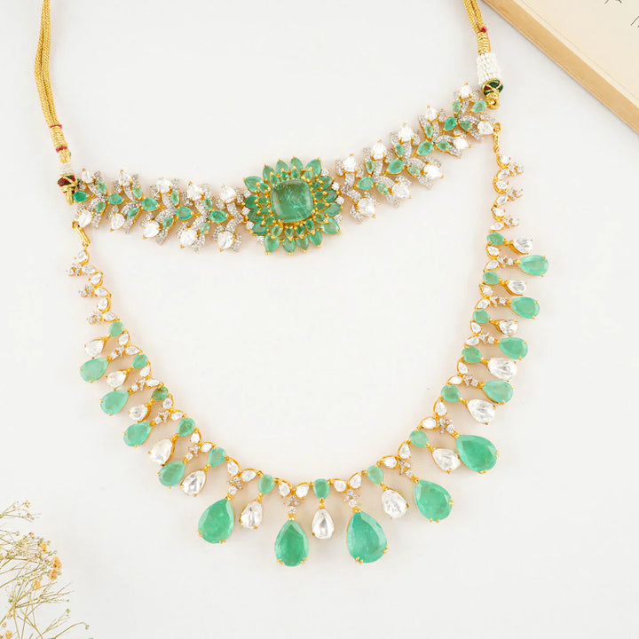92.5 Silver 24 kt Gold-Plated Mint Green with CZ Layered Necklace Set - Three In One