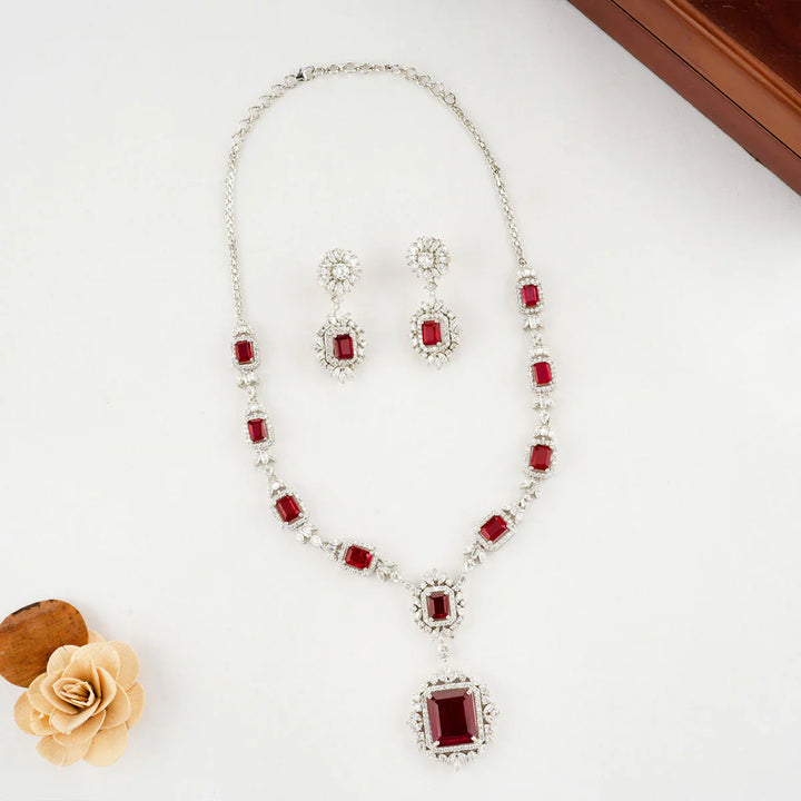 92.5 Silver CZ Studded Rubina Necklace Set