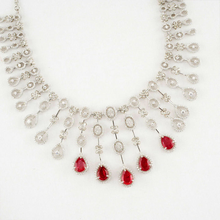 92.5  Silver CZ  Necklace Set With Ruby Stones