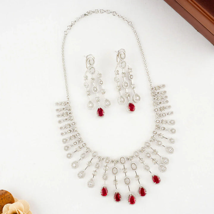 92.5  Silver CZ  Necklace Set With Ruby Stones