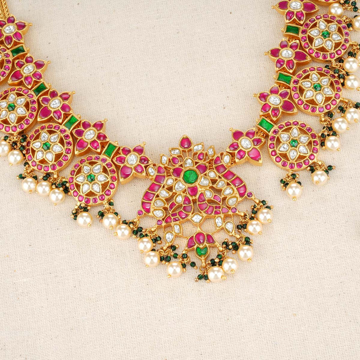 92.5 Silver 24 Ct Gold Plated Stone studded Necklace in pink and Green, No Earrings