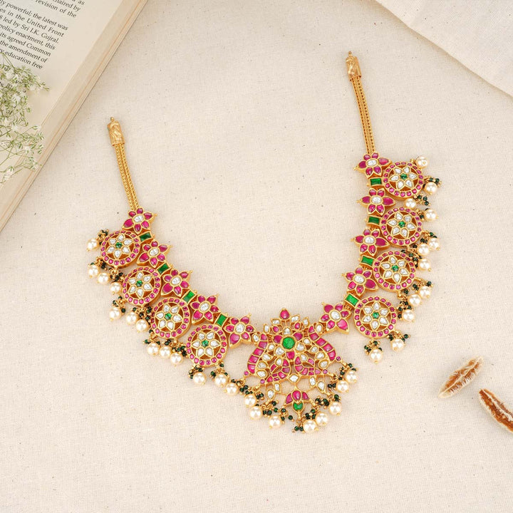 92.5 Silver 24 Ct Gold Plated Stone studded Necklace in pink and Green, No Earrings