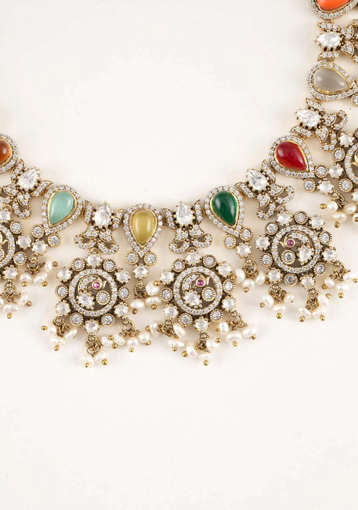 92.5 Silver Navratna Victorian Short Necklace Set