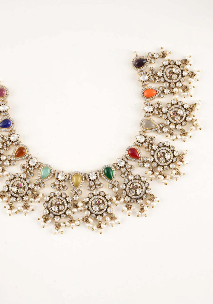 92.5 Silver Navratna Victorian Short Necklace Set