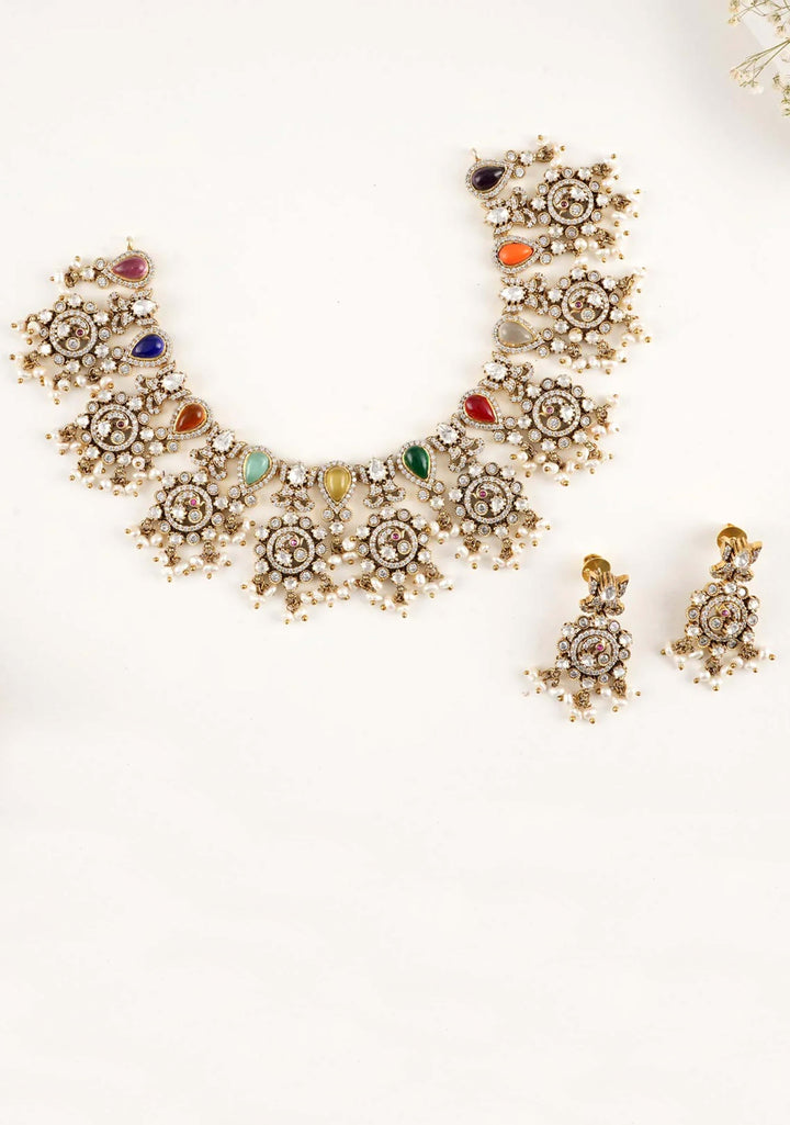 92.5 Silver Navratna Victorian Short Necklace Set