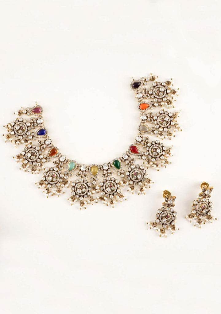 92.5 Silver Navratna Victorian Short Necklace Set