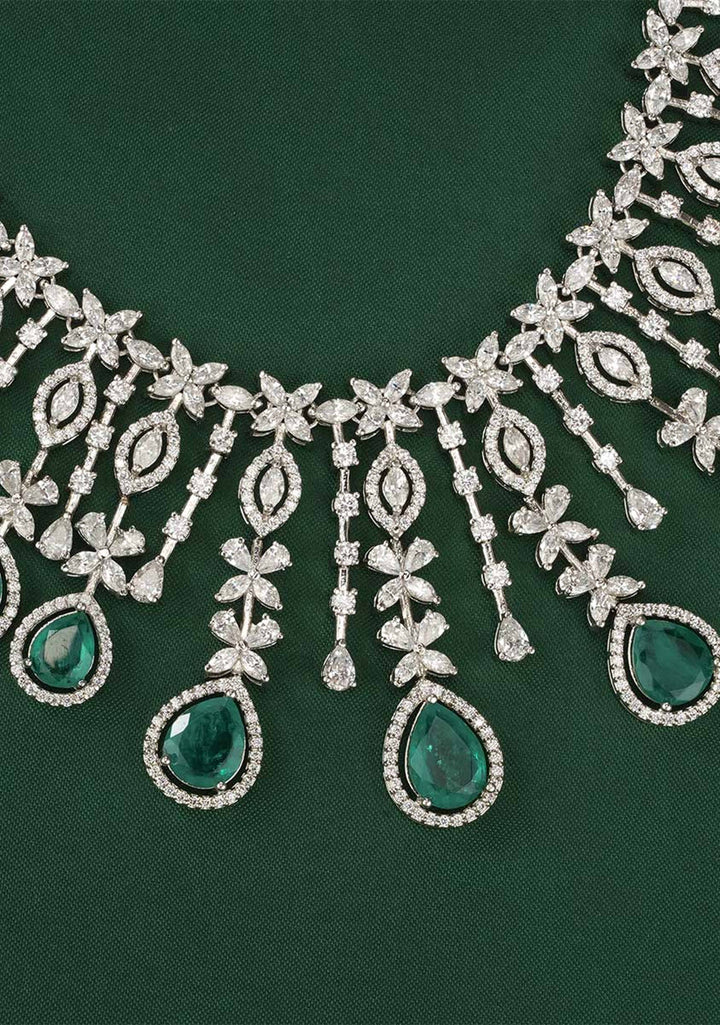 92.5  Silver CZ and Green Stone Charming Necklace Set