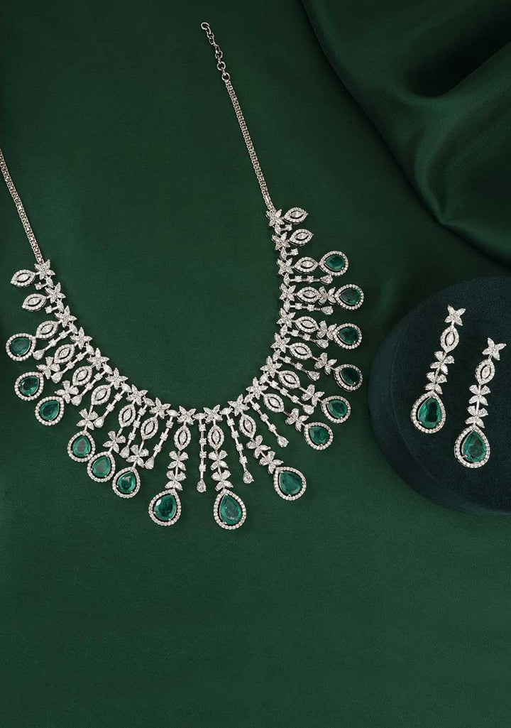 92.5  Silver CZ and Green Stone Charming Necklace Set