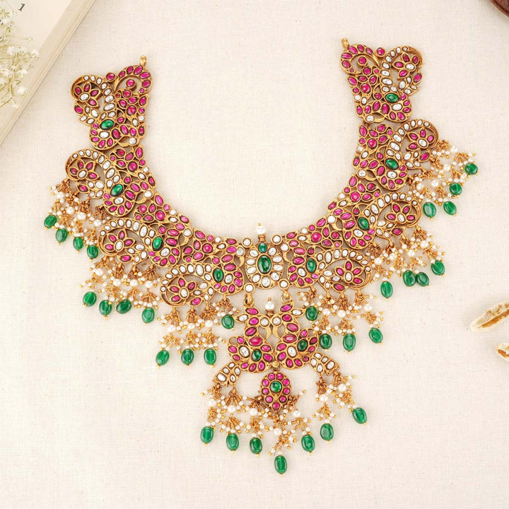 92.5 Silver Peacock Motif Traditional  Kundan Short Necklace with dangling beads