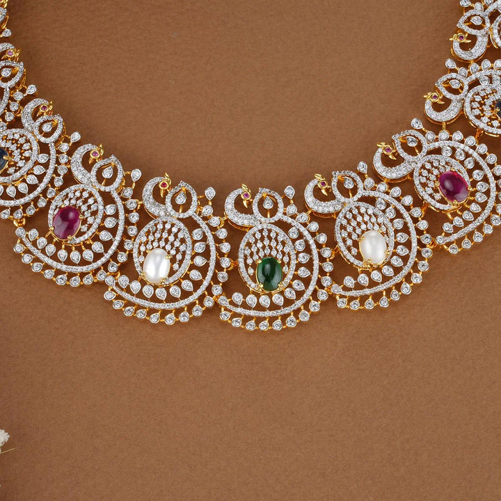 92.5 Silver Navaratna with Peacock Units Zirconia Necklace and Earrings Set